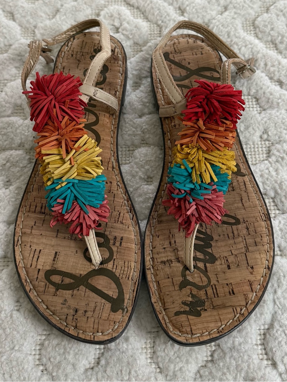 Sam Edelman Rainbow Pom Pom Cork Thong Sandals Size 8 Boho Beach Resort Cruise